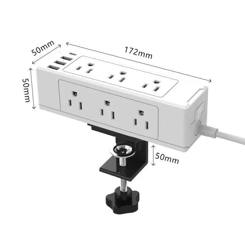 Estación de Carga Rápida con Enchufes AC, PD y USB Montada en el Borde del Escritorio con Abrazadera Desmontable y Protector contra Sobretensiones para Oficina, Hogar y Vehículos Recreativos