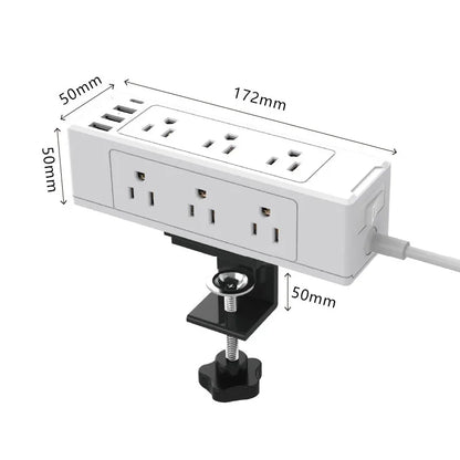 Estación de Carga Rápida con Enchufes AC, PD y USB Montada en el Borde del Escritorio con Abrazadera Desmontable y Protector contra Sobretensiones para Oficina, Hogar y Vehículos Recreativos