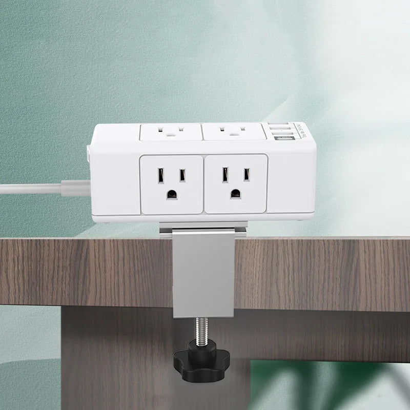 Estación de Carga Rápida con Enchufes AC, PD y USB Montada en el Borde del Escritorio con Abrazadera Desmontable y Protector contra Sobretensiones para Oficina, Hogar y Vehículos Recreativos