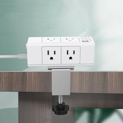 Estación de Carga Rápida con Enchufes AC, PD y USB Montada en el Borde del Escritorio con Abrazadera Desmontable y Protector contra Sobretensiones para Oficina, Hogar y Vehículos Recreativos