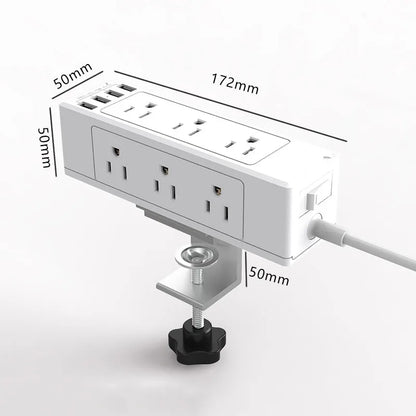 Estación de Carga Rápida con Enchufes AC, PD y USB Montada en el Borde del Escritorio con Abrazadera Desmontable y Protector contra Sobretensiones para Oficina, Hogar y Vehículos Recreativos