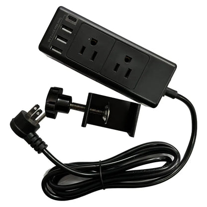 Estación de Carga Rápida con Enchufes AC, PD y USB Montada en el Borde del Escritorio con Abrazadera Desmontable y Protector contra Sobretensiones para Oficina, Hogar y Vehículos Recreativos