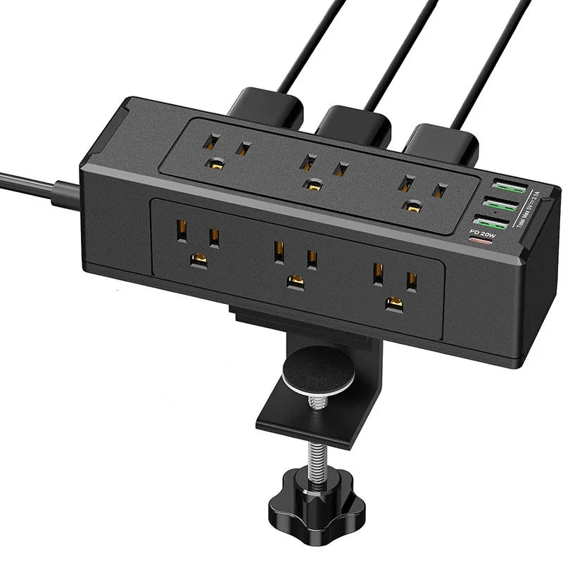 Estación de Carga Rápida con Enchufes AC, PD y USB Montada en el Borde del Escritorio con Abrazadera Desmontable y Protector contra Sobretensiones para Oficina, Hogar y Vehículos Recreativos