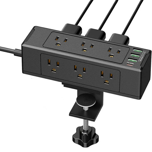 Estación de Carga Rápida con Enchufes AC, PD y USB Montada en el Borde del Escritorio con Abrazadera Desmontable y Protector contra Sobretensiones para Oficina, Hogar y Vehículos Recreativos