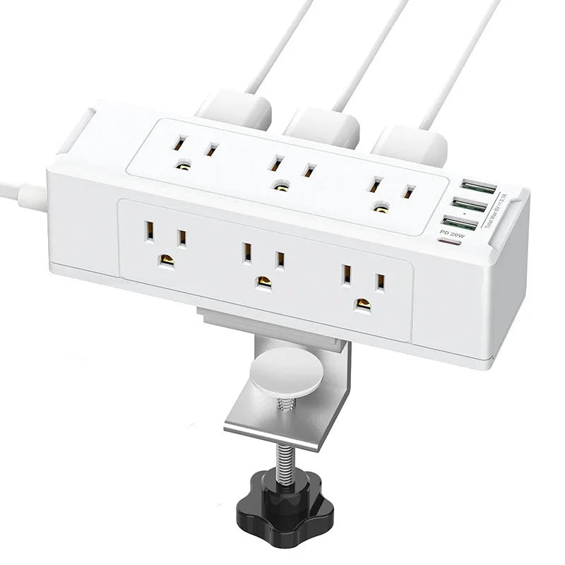 Estación de Carga Rápida con Enchufes AC, PD y USB Montada en el Borde del Escritorio con Abrazadera Desmontable y Protector contra Sobretensiones para Oficina, Hogar y Vehículos Recreativos