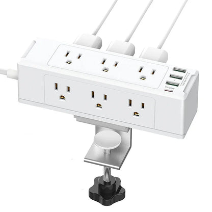 Estación de Carga Rápida con Enchufes AC, PD y USB Montada en el Borde del Escritorio con Abrazadera Desmontable y Protector contra Sobretensiones para Oficina, Hogar y Vehículos Recreativos